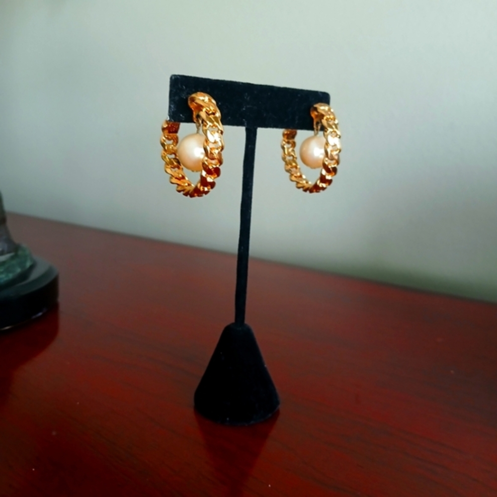 Vintage Monet Hoop Chain Dangle Faux Pearl